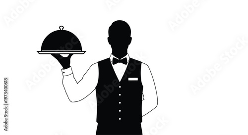 A formal waiter presents a covered dish on a silver platter silhouette