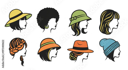 Diverse Womens Headwear - A Collection of Hats and Hairstyles.