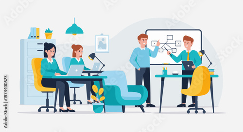 Colleagues collaborate on a business plan at a modern office whiteboard