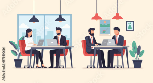 Colleagues working on laptops at desks in a modern office with plants