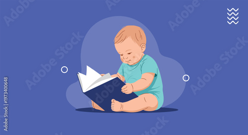 Cute infant baby sitting on floor and looking at open book with great interest and curiosity on solid blue background.