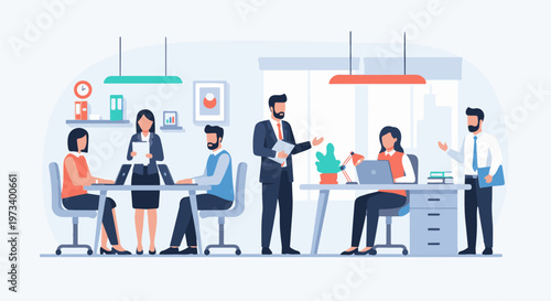Modern office scene with diverse professionals collaborating around desks