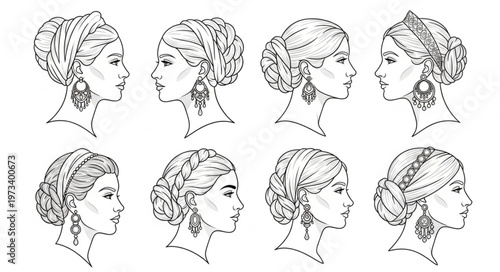 Elegant Women Profiles with Headscarves and Intricate Hairstyles.