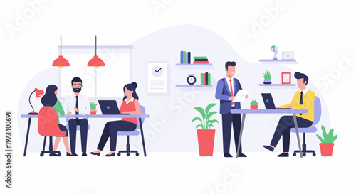 Modern office scene with people working at desks and collaborating (1)
