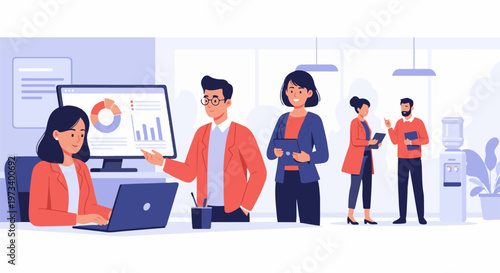 Colleagues collaborate on a project at their desks and by the water cooler