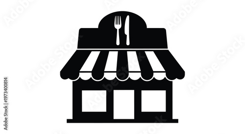 A striking black silhouette of a restaurant with cutlery awning and striped details