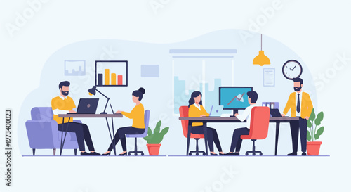 Diverse office workers collaborating on projects at desks with computers and plants