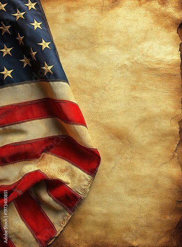 worn stars and stripes flag draped over aged parchment background conveying nostalgic solemn patriotism