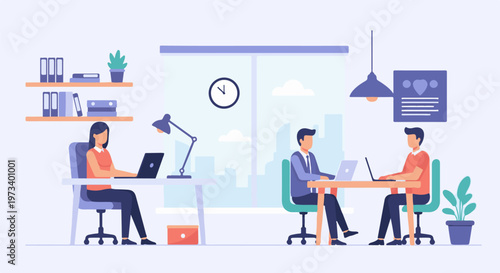 Three people work on laptops in an office with shelves and city view