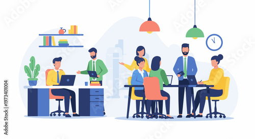 Diverse team collaborating in a modern, brightly lit office space, discussing projects at desks and around a table