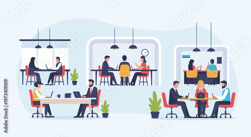 A modern office scene with people working collaboratively at desks and meeting tables