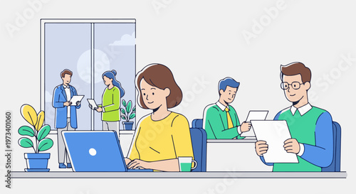 Office workers collaborating at desks near a large window with potted plants