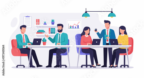 Five professionals collaborating in a bright, modern office setting