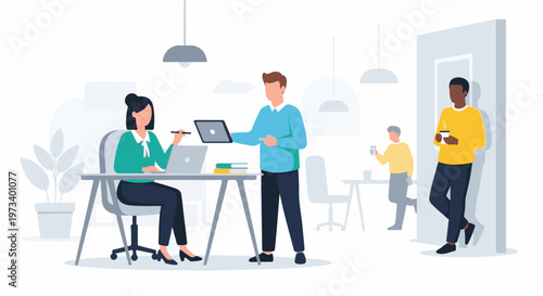 Diverse people collaborating and taking breaks in a modern office setting with laptops and coffee