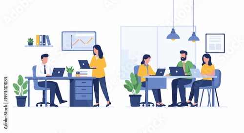 People working in an office, using laptops and attending meetings