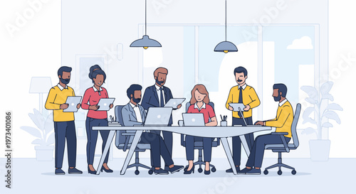 Colleagues collaborating on a project at a modern office table with laptops