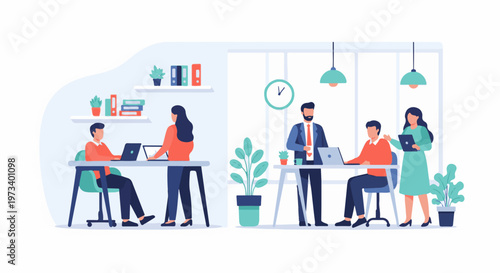 Modern office scene with four people collaborating at desks, working on laptops and discussing projects