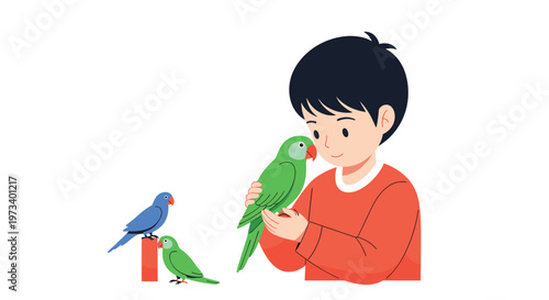 Gentle young boy holding bright green parrot on his hands and looking at it with affection in simple white room.