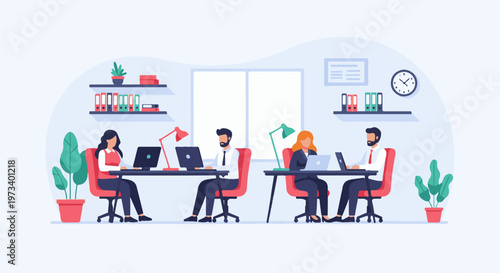 People working on laptops at desks in a modern office with plants and shelves