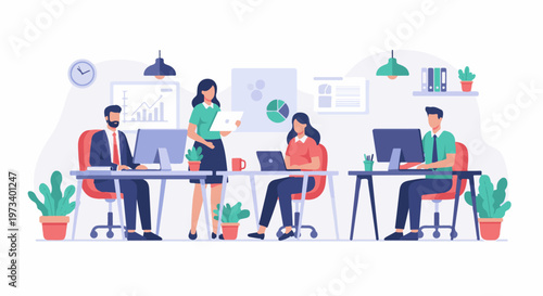 Employees collaborating in a modern office environment, focused on tasks and discussions