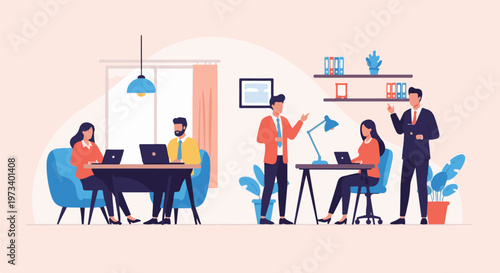 Colleagues collaborate in a modern office space, utilizing laptops and engaging in discussion