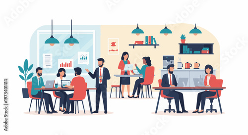 Diverse professionals collaborate and work on laptops in a modern office environment with charts