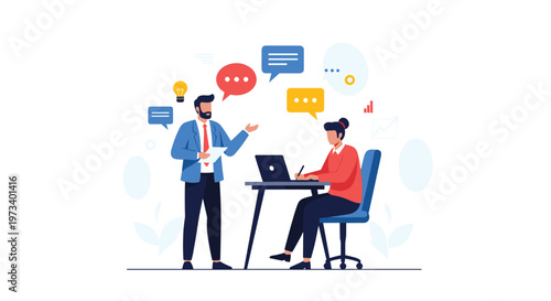 Professional business man and woman discussing project tasks and sharing ideas in modern workspace with data icons.