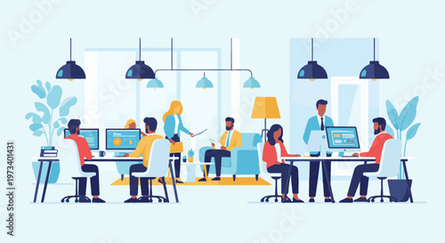 Colleagues collaborating and working on computers in a bright, modern office space with plants and lamps