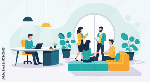 A modern office setting with people collaborating and working individually in a bright, airy space