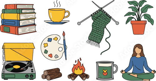 Woman meditates in nature with hobbies and objects around her calmly.