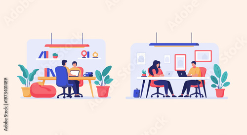 Flat vector illustration of people working at desks with laptops in a modern office space