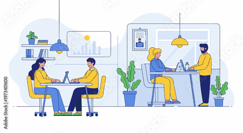 Diverse team members collaborate on laptops in a modern, brightly lit office environment