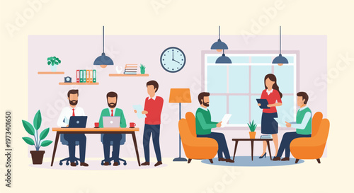 Team collaboration in a modern office space with people working at desks and in a lounge area