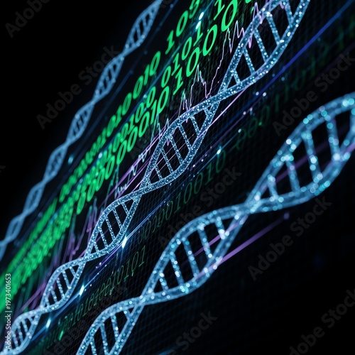 Digital DNA strands representing genetic code and biotechnology innovation.