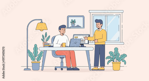 Two men collaborate at a desk with laptops and a monitor, near plants and a window