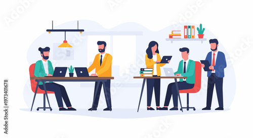 Office team collaborating on laptops and tablets, working together in a modern workspace