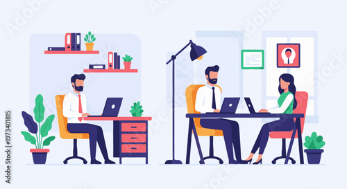 Three people working in separate office spaces, engaged with their laptops