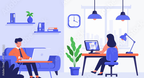 Modern office workspace with two individuals focused on their digital tasks and indoor plants