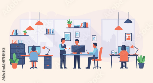 Colleagues collaborate in a modern office space with desks, computers, and indoor plants