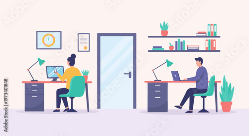 Two individuals work diligently at their desks, illuminated by desk lamps, in a clean, modern office space