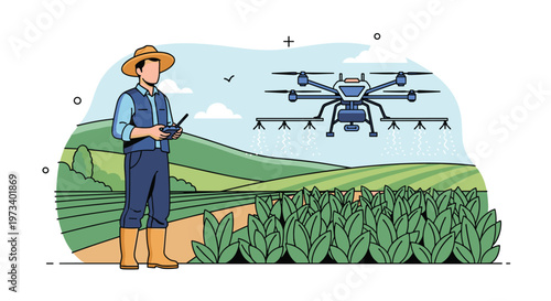 Modern farmer using a remote control to operate an agricultural drone spraying crops in a large green farm field.