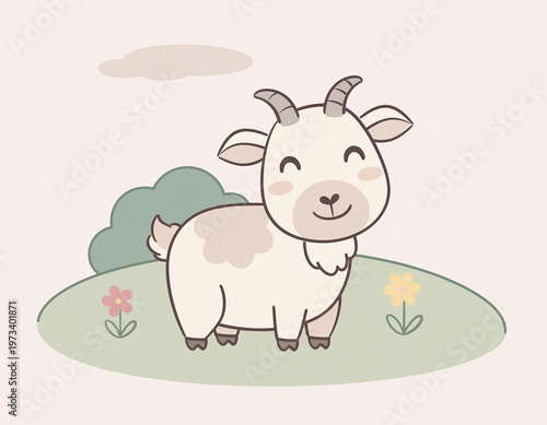 Cute cartoon goat standing on grass with flowers and a bush on a soft background, playful animal illustration, child friendly design, cheerful mood, springtime scene