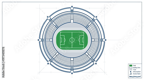 Aerial view blueprint of a circular sports stadium with a soccer field, showcasing architectural planning and design, in bright studio.