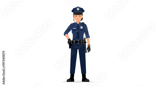 Confident female police officer standing in uniform with hands on hips, representing law enforcement and security, isolated white background.
