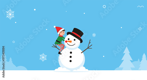 Joyful Christmas elf in a red hat helping to decorate a large snowman in a snowy winter landscape under a blue sky.