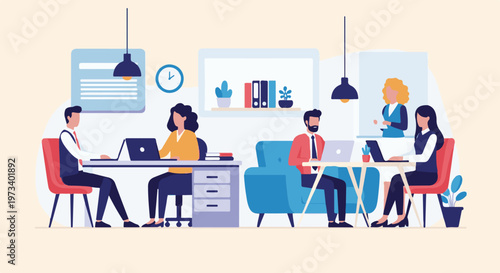 Diverse professionals collaborate in a modern, minimalist office environment