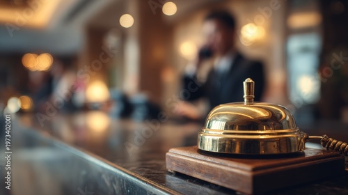 Hotel reception desk with service bell and blurred staff in background