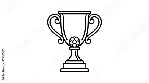 Classic trophy cup with a small soccer ball, symbolizing victory and achievement, outline style, isolated white background.