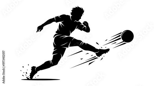 Dynamic silhouette of a male soccer player kicking a football with power and speed, isolated white background.