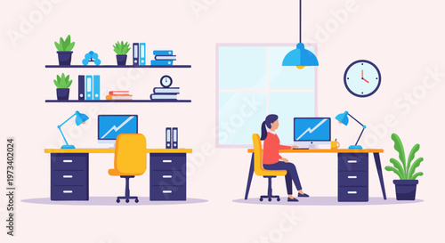 Workspace with two desks, one occupied, plants, and shelves